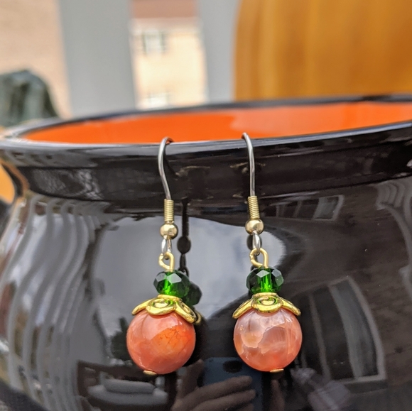 Halloween Pumpkin Carnealian Earrings - Picture 2 of 6